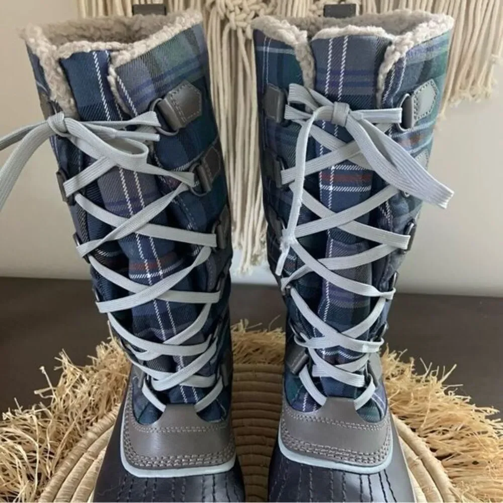 SOREL Women’s Trivoli Tall Lace Up Fleece Lined Blue Plaid Winter Boots Size 8.5